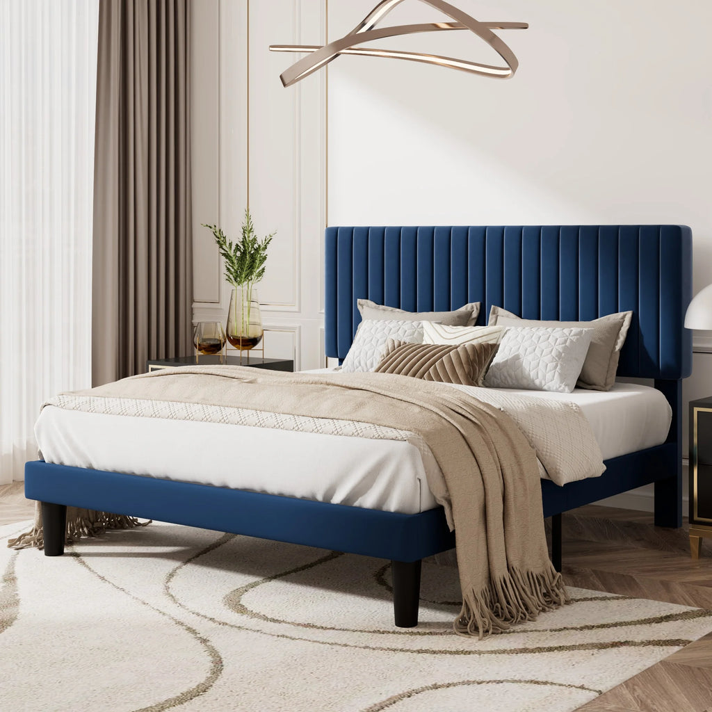 Queen Size Upholstered Platform Bed Frame with Velvet Headboard M2219