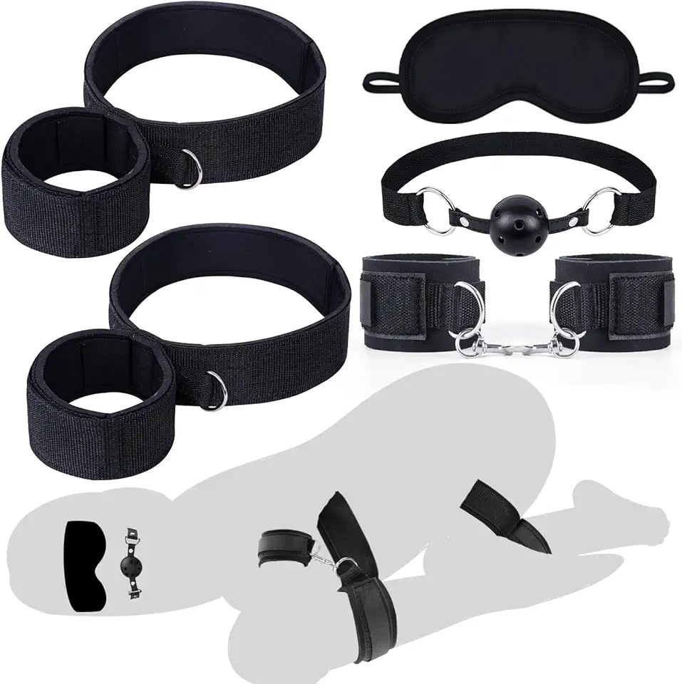 BDSM Bondage Restraints Wrist to Thigh Ankle Cuffs Ball Gag Blindfold Kit Q47519